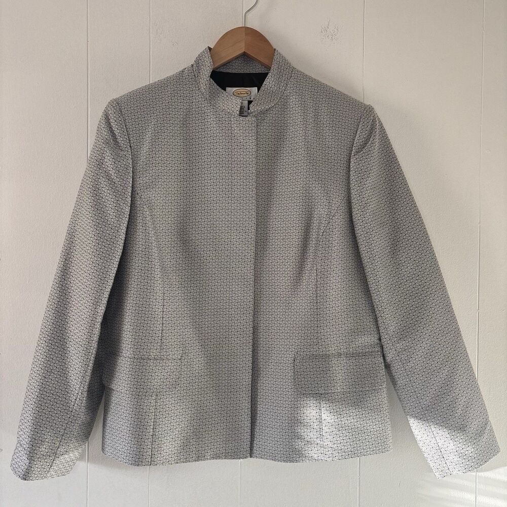 Talbots Blazer Gray/Black Silk/Cotton Mandarin Collar Corporate Size 12 Petite